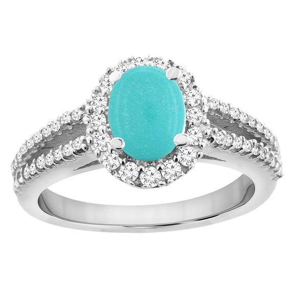 10K White Gold Natural Turquoise Split Shank Halo Engagement Ring Oval 7x5 mm, size 8