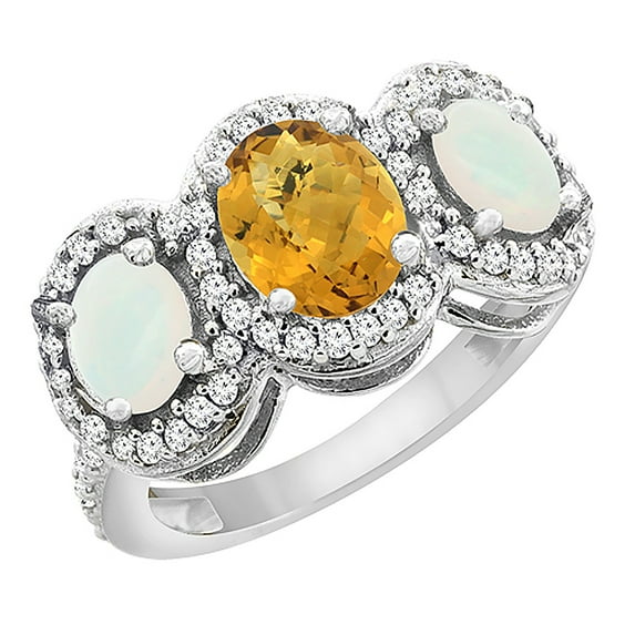 10K White Gold Natural Whisky Quartz & Opal 3-Stone Ring Oval Diamond Accent, size 10