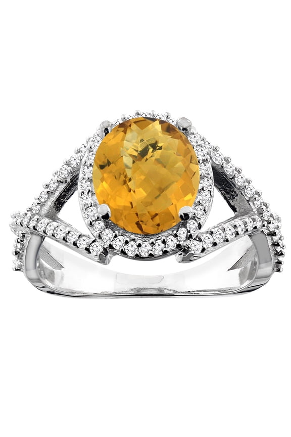 10K White Gold Natural Whisky Quartz Ring Oval 9x7mm Diamond Accent, size 6