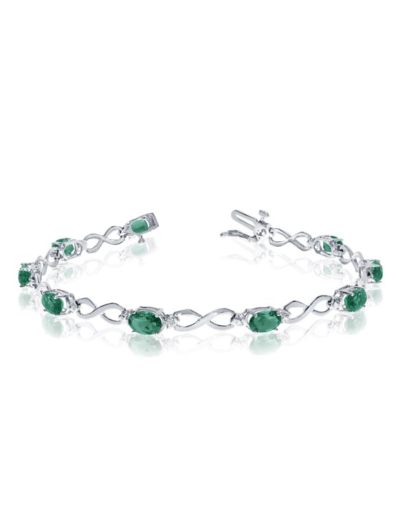 10K White Gold Oval Emerald Stones And Diamonds Infinity Tennis Bracelet, 7"