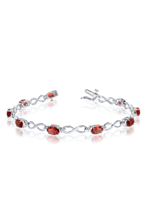 10K White Gold Oval Garnet Stones And Diamonds Infinity Tennis Bracelet, 7"