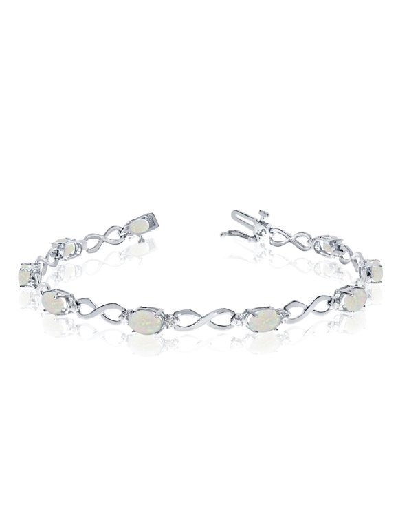 10K White Gold Oval Opal Stones And Diamonds Infinity Tennis Bracelet, 7"