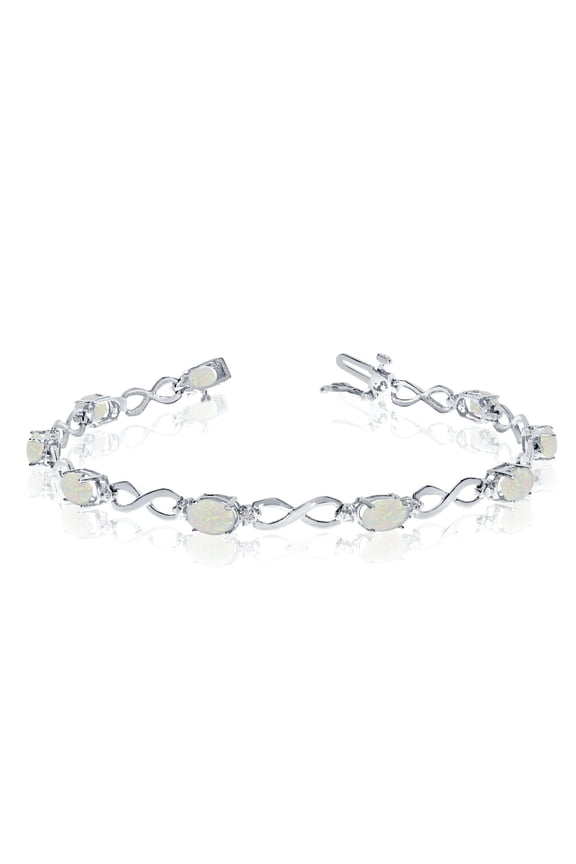 10K White Gold Oval Opal Stones And Diamonds Infinity Tennis Bracelet, 7"