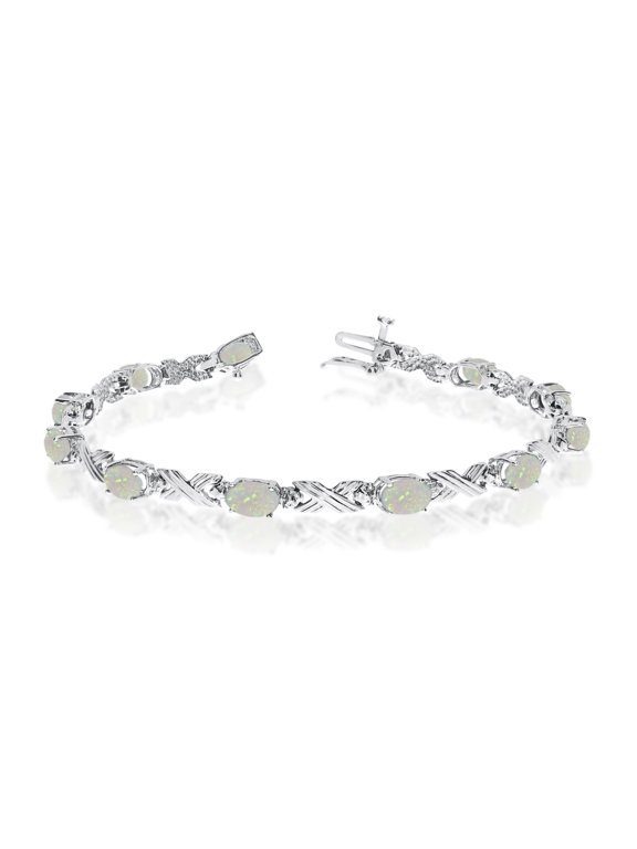 10K White Gold Oval Opal Stones And Diamonds Tennis Bracelet, 7"