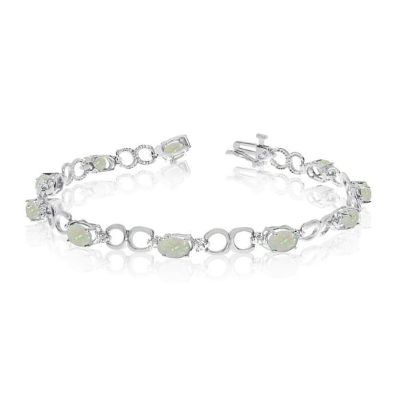 10K White Gold Oval Opal and Diamond Bracelet