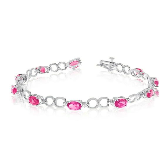 10K White Gold Oval Pink Topaz and Diamond Bracelet
