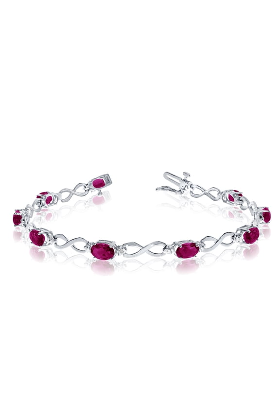 10K White Gold Oval Ruby Stones And Diamonds Infinity Tennis Bracelet, 7"