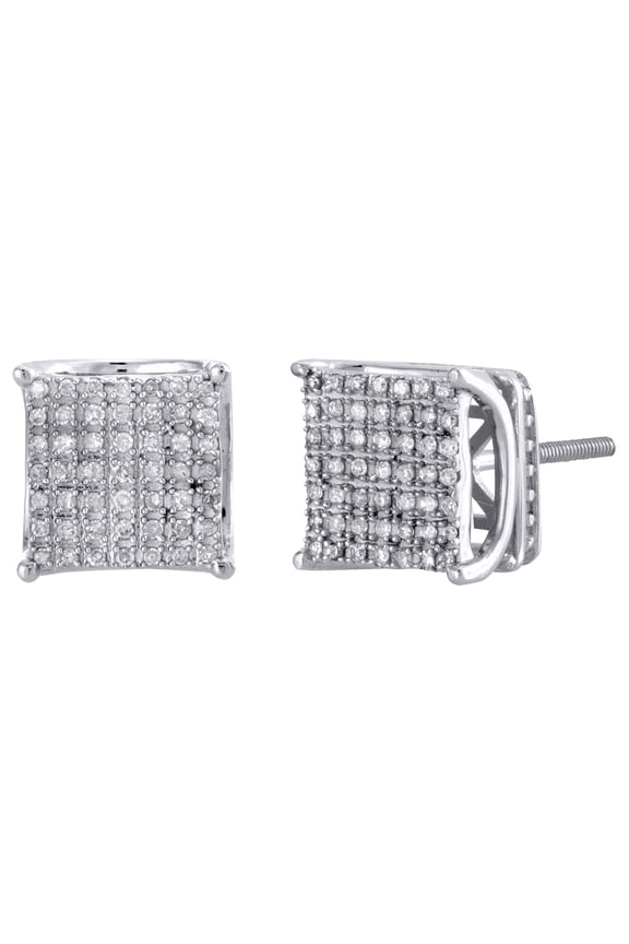 10K White Gold Pave Set Diamond 4 Prong 3D Square Studs Mini Earrings 0.25 CT.
