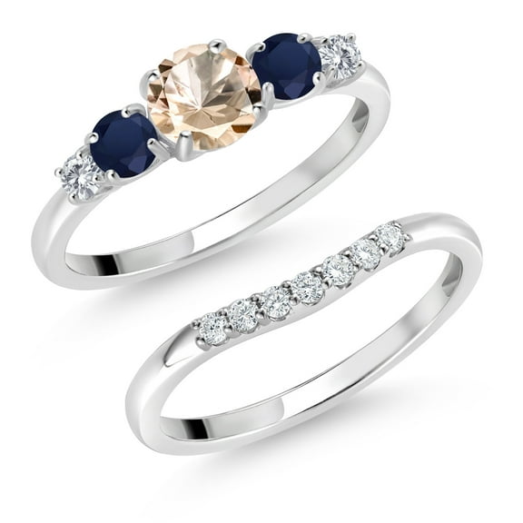 Gem Stone King 10K White Gold Peach Morganite Blue Sapphire and White Lab Grown Diamond 5 Stone Bridal Engagement Wedding Ring Set for Women (0.81 Cttw, Round: 5MM and 3MM, Size 8)