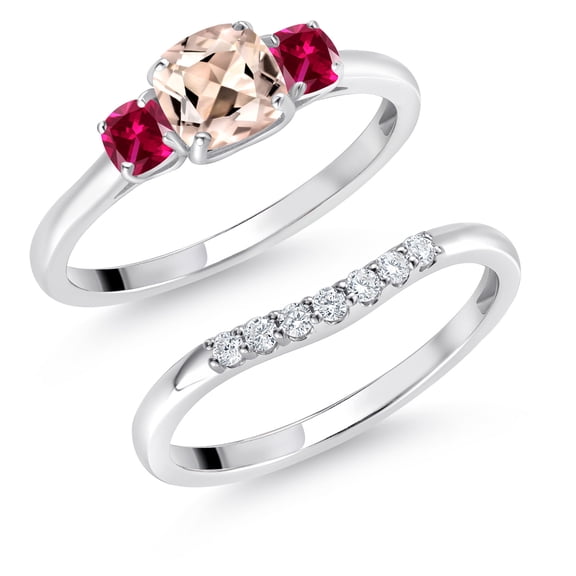 Gem Stone King 10K White Gold Peach Morganite Red Created Ruby and Lab Grown Diamond 3 Stone Bridal Engagement Wedding Ring Set for Women (0.90 Cttw, 5MM and 3MM Cushion Cut, Size 7)