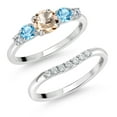 thumbnail image 1 of Gem Stone King 10K White Gold Peach Morganite Swiss Blue Topaz and White Lab Grown Diamond 5 Stone Bridal Engagement Wedding Ring Set for Women (0.81 Cttw, Round: 5MM and 3MM, Size 8), 1 of 6