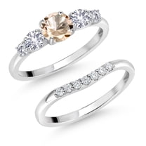 Gem Stone King 10K White Gold Peach Morganite White Created Sapphire and White Lab Grown Diamond 5 Stone Bridal Engagement Wedding Ring Set for Women (0.77 Cttw, Round: 5MM and 3MM, Size 5)