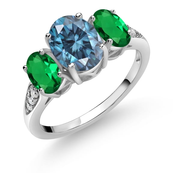 Gem Stone King 10K White Gold Persian Blue Moissanite Green Nano Emerald and White Lab Grown Diamond 3 Stone Engagement Ring for Women (2.22 Cttw, Gemstone Birthstone, Size 5)