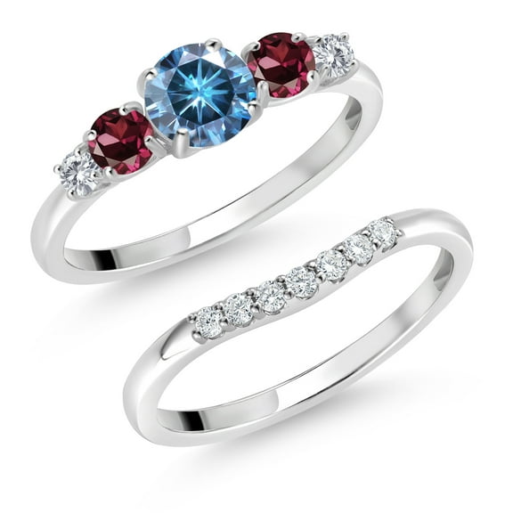 Gem Stone King 10K White Gold Persian Blue Moissanite Red Rhodolite Garnet and White Lab Grown Diamond 5 Stone Bridal Engagement Wedding Ring Set for Women (0.85 Cttw, Round, Size 6)