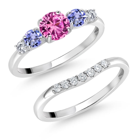 Gem Stone King 10K White Gold Pink Created Sapphire Blue Tanzanite and White Lab Grown Diamond 5 Stone Bridal Engagement Wedding Ring Set for Women (0.96 Cttw, Round: 5MM and 3MM, Size 5)