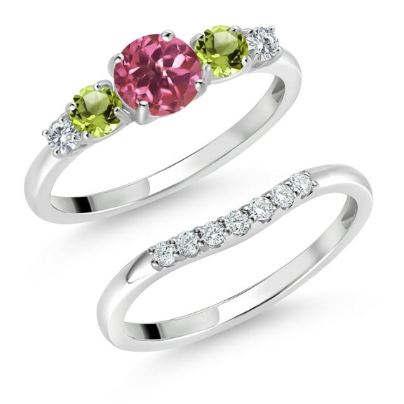 Gem Stone King 10K White Gold Pink Tourmaline Green Peridot and White Lab Grown Diamond 5 Stone Bridal Engagement Wedding Ring Set for Women (0.87 Cttw, Round: 5MM and 3MM, Size 6)