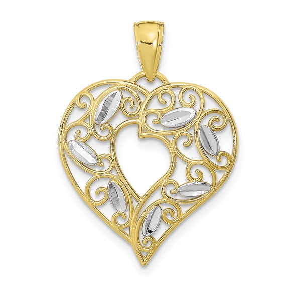 10K and White Rhodium Diamond-cut Filigree Heart Charm