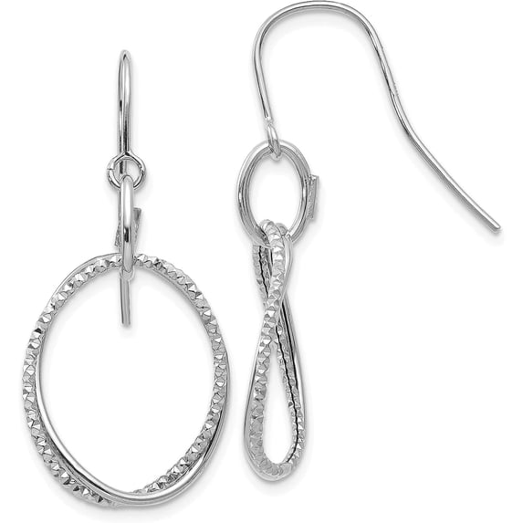 10K White Gold Polished and Textured Shepherd Hook Earrings - 35mm- Made In Italy