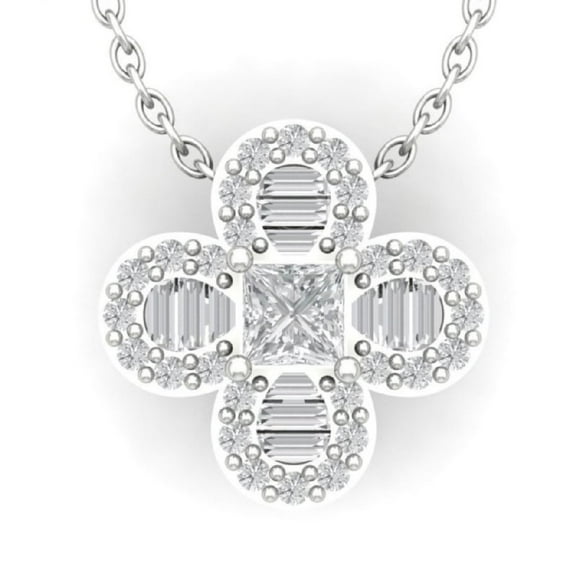 10K White Gold Princess and Baguette Diamond flower Pendant with Sterling Silver Chain Necklace (1/2 cttw, I-J Color, I2-I3 Clarity), 18"