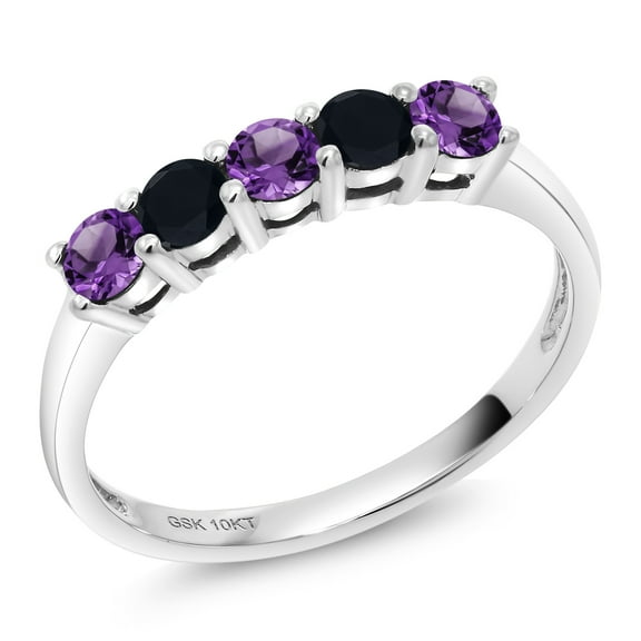 Gem Stone King 10K White Gold Purple Amethyst and Black Onyx 5 Stone Wedding Engagement Anniversary Promise Ring for Women (0.50 Cttw, Round 3MM, Gemstone February Birthstone, Size 9)