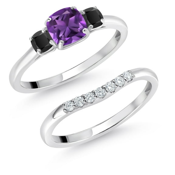 Gem Stone King 10K White Gold Purple Amethyst Black Onyx and Lab Grown Diamond 3 Stone Bridal Engagement Wedding Ring Set for Women (0.88 Cttw, 5MM and 3MM Cushion Cut, Size 5)
