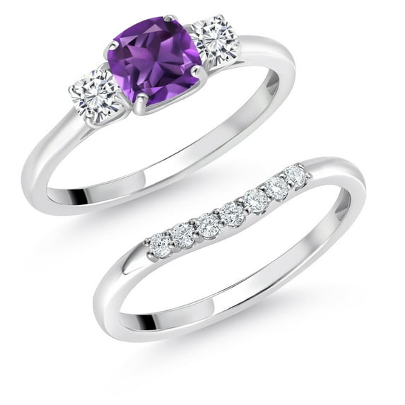 Gem Stone King 10K White Gold Purple Amethyst White Moissanite and Lab Grown Diamond 3 Stone Bridal Engagement Wedding Ring Set for Women (0.88 Cttw, 5MM and 3MM Cushion, Sizes 5, 6, 7, 8, 9)