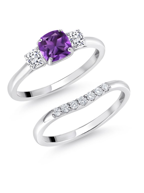 10K White Gold Purple Amethyst White Moissanite and Lab Grown Diamond 3 Stone Bridal Engagement Wedding Ring Set for Women (0.88 Cttw, 5MM and 3MM Cushion Cut, Available in Size 5, 6, 7, 8, 9)
