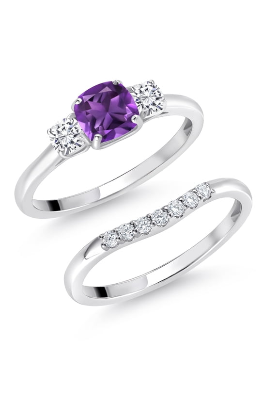10K White Gold Purple Amethyst White Moissanite and Lab Grown Diamond 3 Stone Bridal Engagement Wedding Ring Set for Women (0.88 Cttw, 5MM and 3MM Cushion Cut, Available in Size 5, 6, 7, 8, 9)