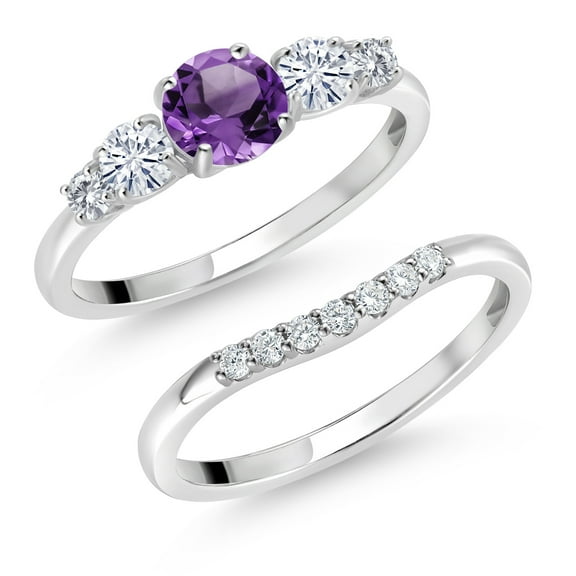 Gem Stone King 10K White Gold Purple Amethyst White Moissanite and White Lab Grown Diamond 5 Stone Bridal Engagement Wedding Ring Set for Women (0.78 Cttw, Round: 5MM and 3MM, Size 8)