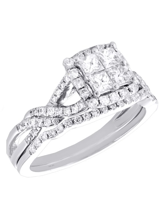 10K White Gold Quad Diamond Bridal Set Braided Engagement Ring + Band Set 1 Ct.