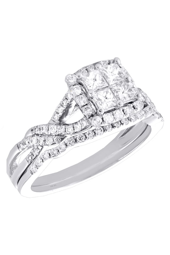 10K White Gold Quad Diamond Bridal Set Braided Engagement Ring + Band Set 1 Ct.