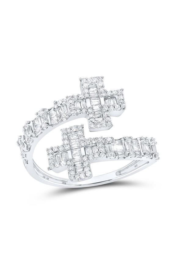 10K White Gold Real Baguette Diamond Women's Bypass Cross Cuff Band Ring 3/4 CT
