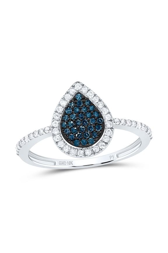 10K White Gold Real Blue Diamond Pear Cluster Teardrop Right Hand Ring 1/3 CT