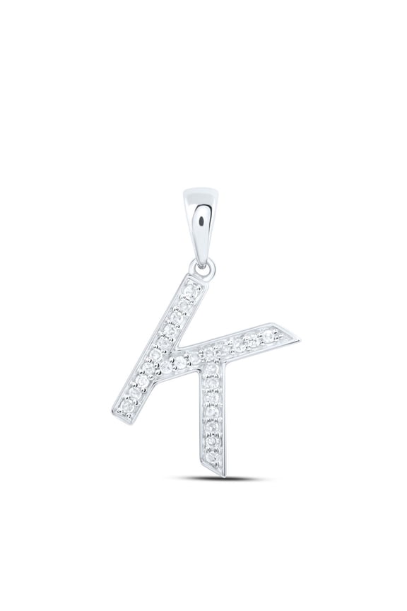 10K White Gold Real Diamond Women's Block Font Initial K Letter Pendant 1/10 CT