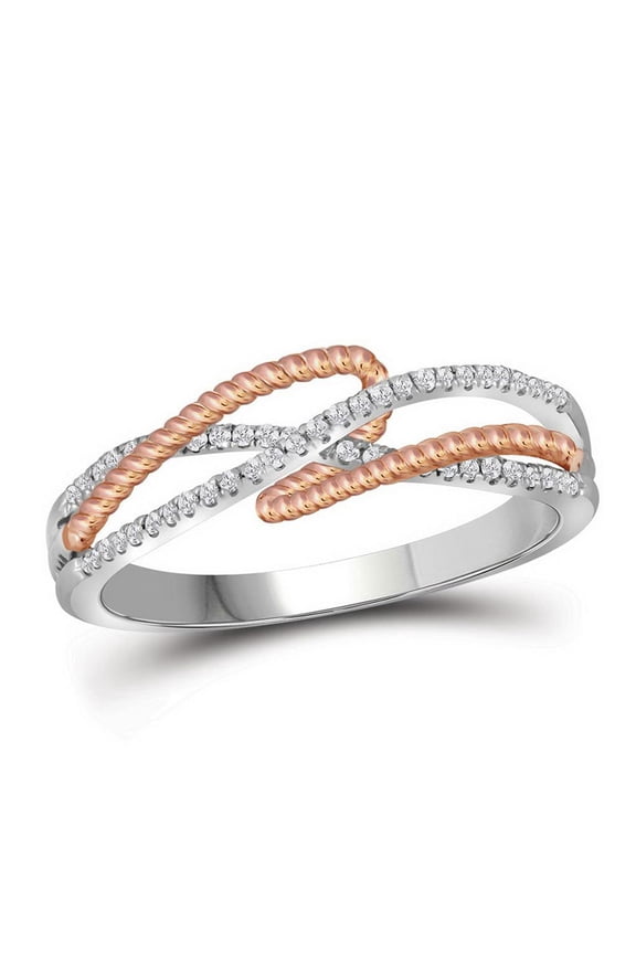 10K White Gold Real Diamond Women's Criss Cross Intertwine Rope Band Ring 1/6 CT