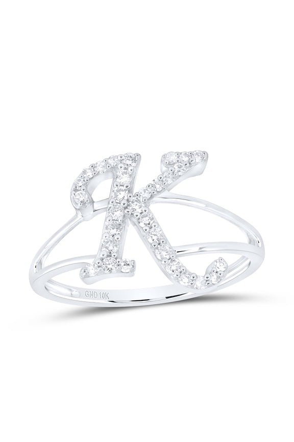 10K White Gold Real Round Cut Diamond Women's Split Shank Initial 'K' Letter Right Hand Statement Ring 1/4 Ct.