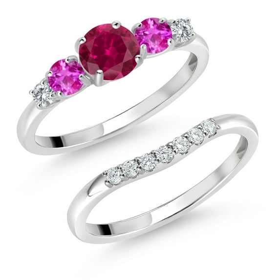 Gem Stone King 10K White Gold Red Created Ruby Pink Sapphire and White Lab Grown Diamond 5 Stone Bridal Engagement Wedding Ring Set for Women (0.97 Cttw, Round: 5MM and 3MM, Size 8)