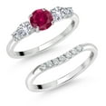 thumbnail image 1 of Gem Stone King 10K White Gold Red Created Ruby White Created Sapphire and White Lab Grown Diamond 5 Stone Bridal Engagement Wedding Ring Set for Women (0.97 Cttw, Round: 5MM and 3MM, Size 5), 1 of 6