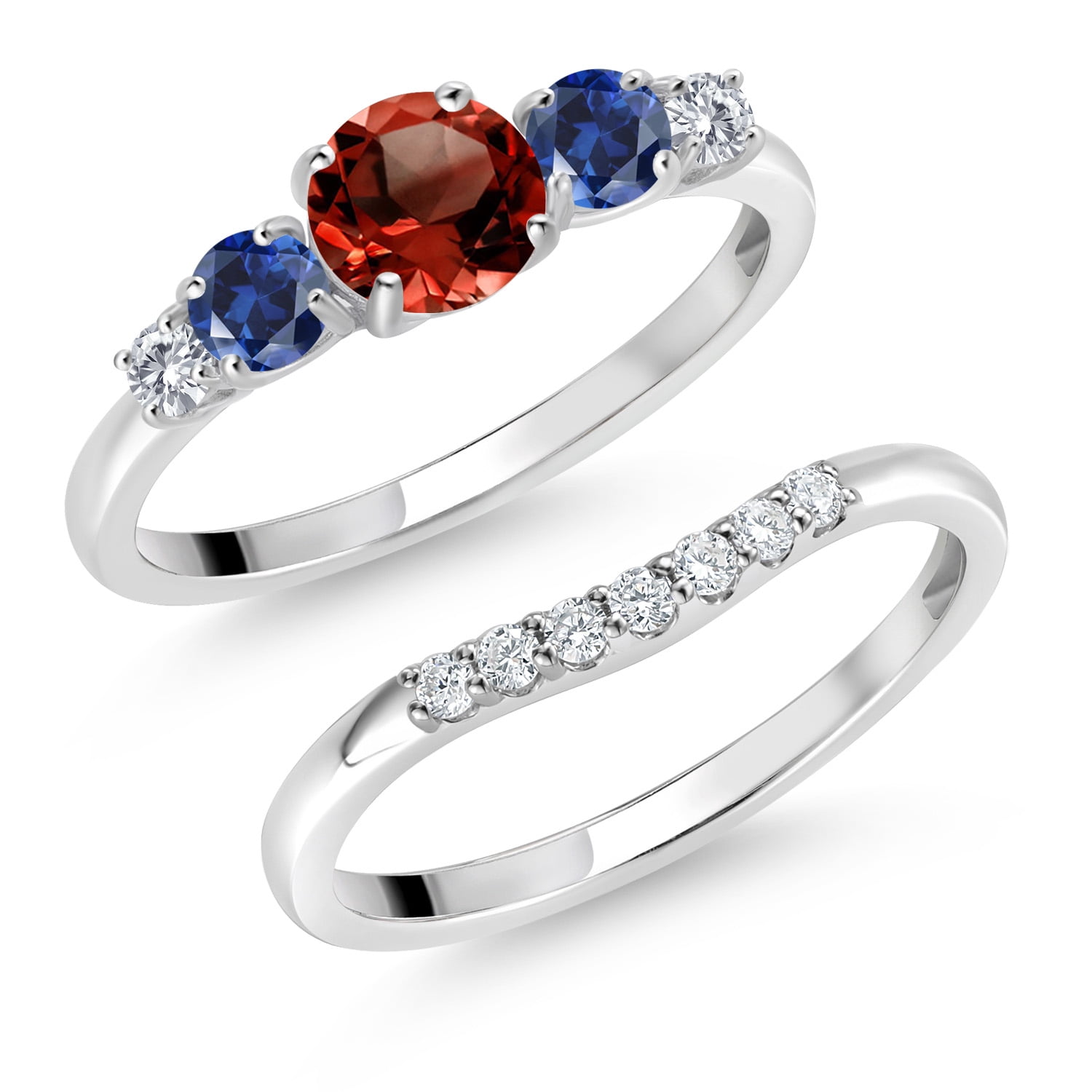 Gem Stone King 10K White Gold Red Garnet Blue Created Sapphire and White Lab Grown Diamond 5 Stone Bridal Engagement Wedding Ring Set for Women | 1.39 Cttw | Round: 5MM and 3MM| Size 7