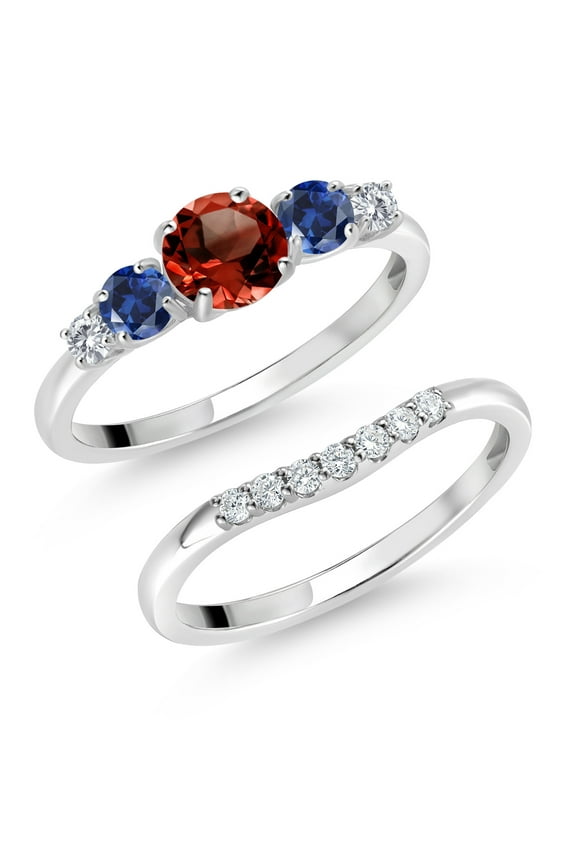 10K White Gold Red Garnet Blue Created Sapphire and White Lab Grown Diamond 5 Stone Bridal Engagement Wedding Ring Set for Women | 1.39 Cttw | Round: 5MM and 3MM| Size 7