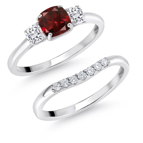 Gem Stone King 10K White Gold Red Garnet White Moissanite and Lab Grown Diamond 3 Stone Bridal Engagement Wedding Ring Set for Women (1.14 Cttw, 5MM and 3MM Cushion Cut, in Size 5, 6, 7, 8, 9)