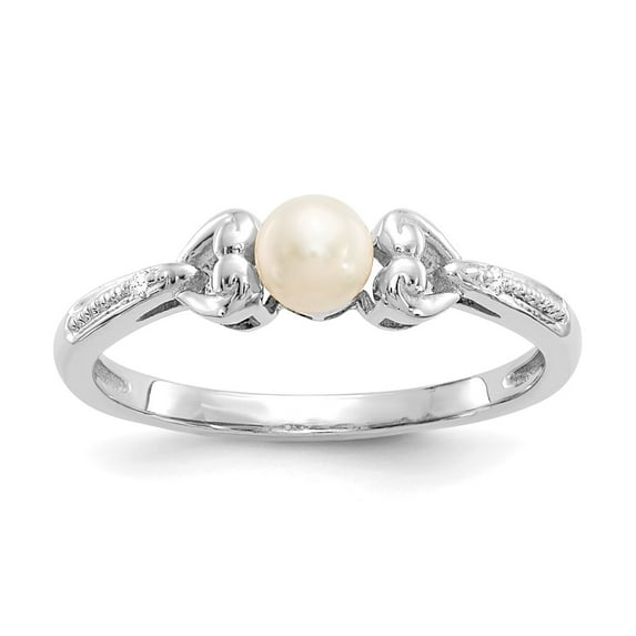 10K White Gold Ring Band Pearl (06) June Diamond Round Freshwater