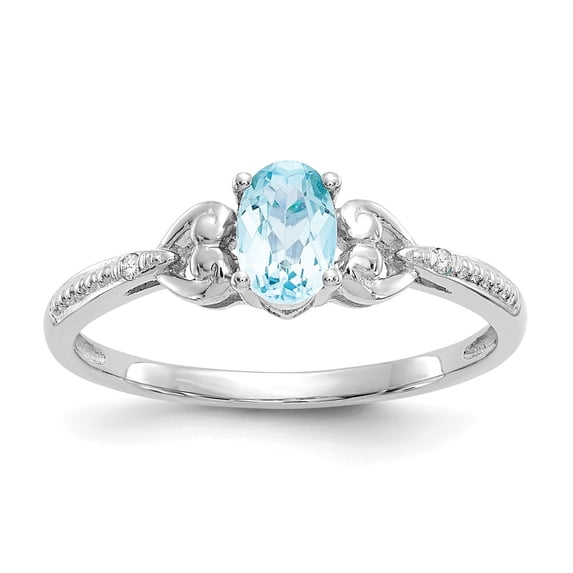 10K White Gold Ring Band with Stones (12) December Swiss Blue Topaz Oval Diamond Round, Size 8