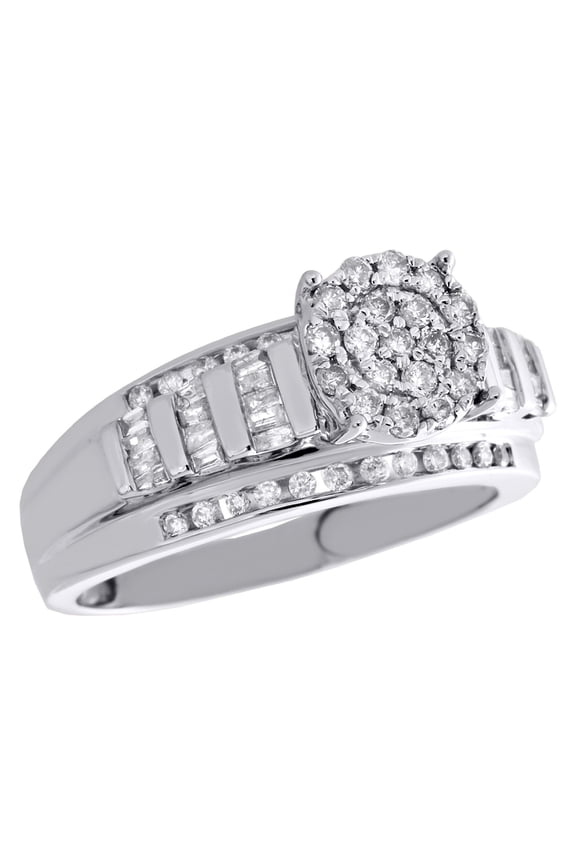 10K White Gold Round & Baguette Diamond Circle Cluster Engagement Ring 0.50 CT.
