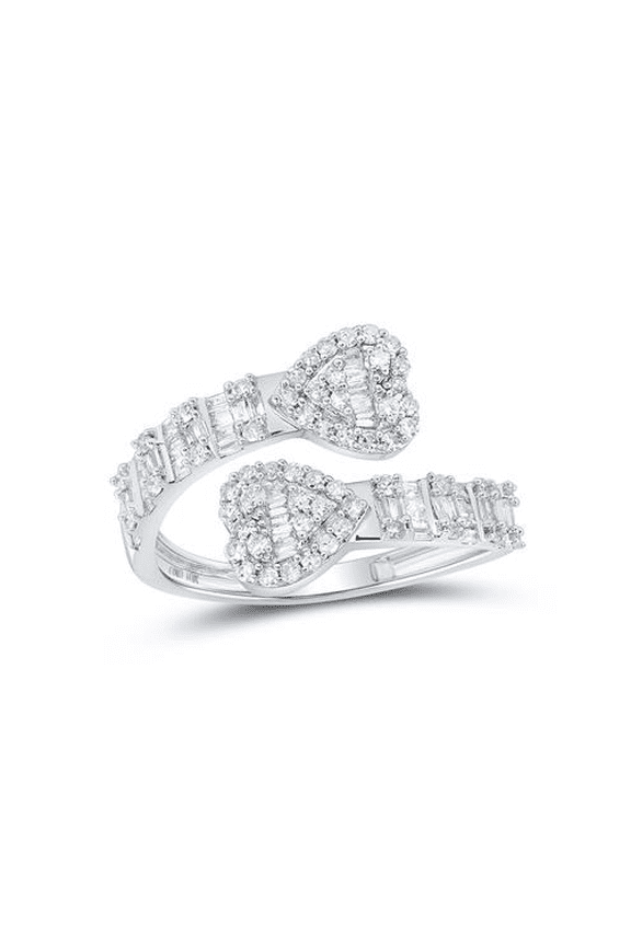 10K White Gold Round & Baguette Diamond Cuff Bypass Heart Statement Ring 5/8 CT.