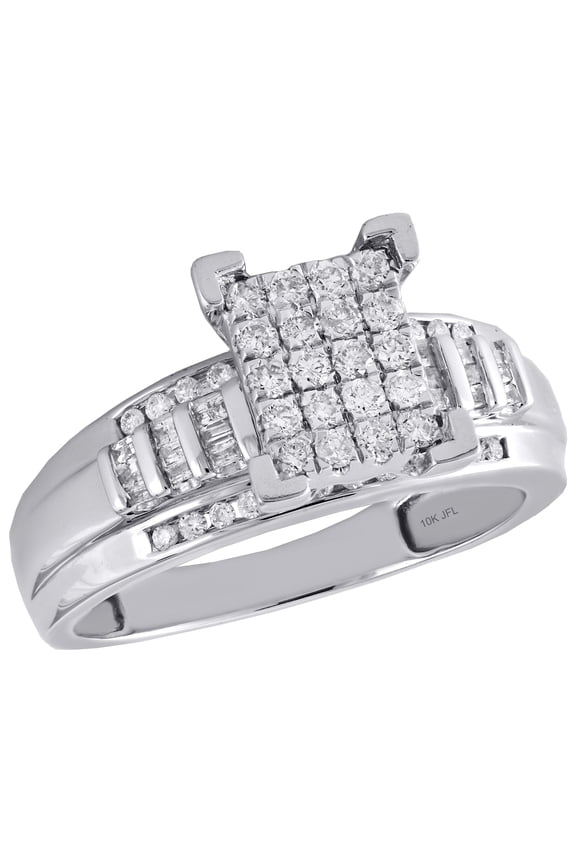 10K White Gold Round & Baguette Diamond Rectangle Cluster Engagement Ring 1/2 Ct