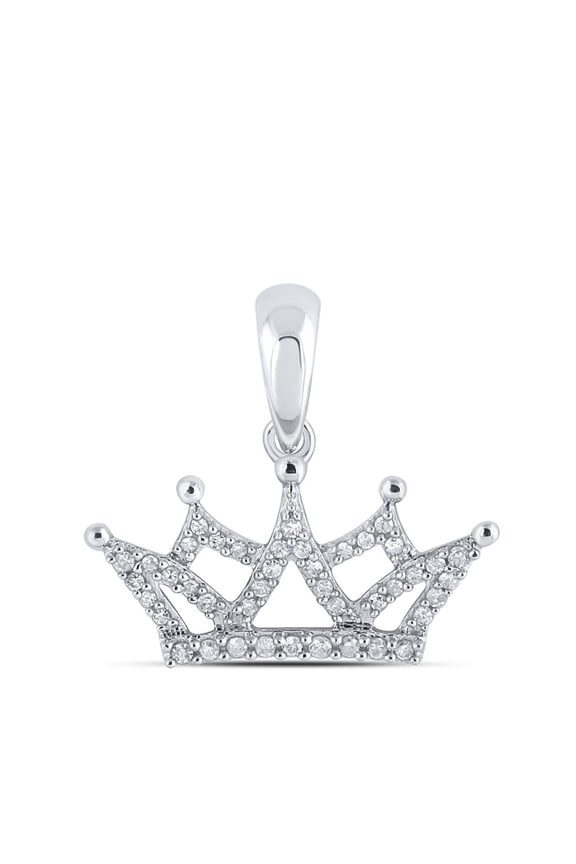 10K White Gold Round Cut Diamond Women's Queen's Crown Pendant 1/6 CT.
