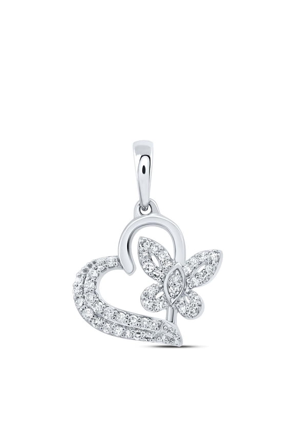 10K White Gold Round Cut Diamond Women's Slanted Heart w/ Butterfly Pendant 1/8 CT.