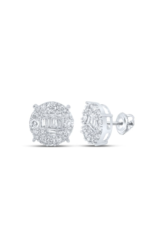 10K White Gold Round Diamond Circle Cluster Earrings 1 Cttw