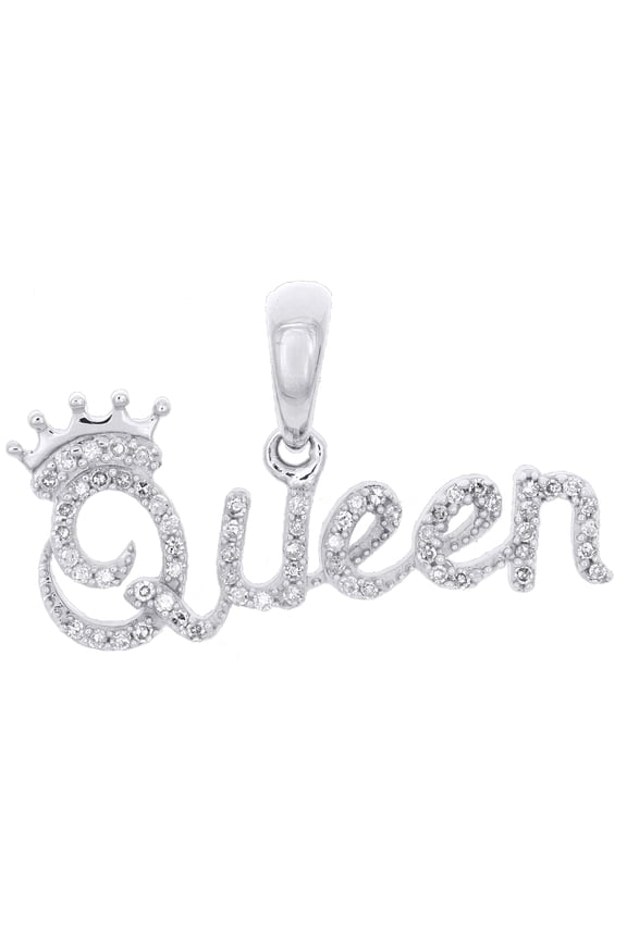 10K White Gold Round Diamond Crown Queen Statement Pendant 0.65" Charm 1/6 CT.